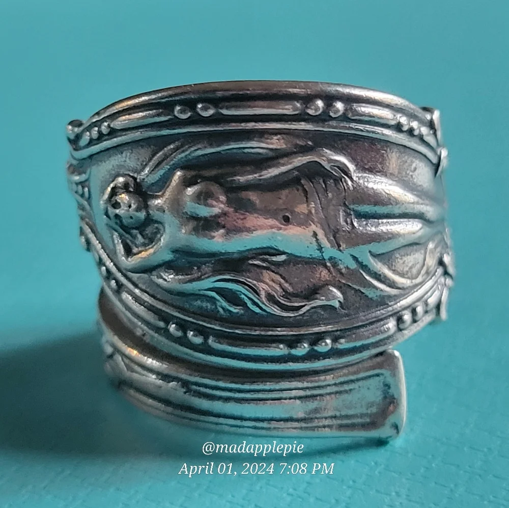 Vintage Sterling Silver Spoon Ring Goddess Woman Nude Handcrafted #134